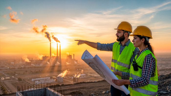 Engineer working on technical drawings